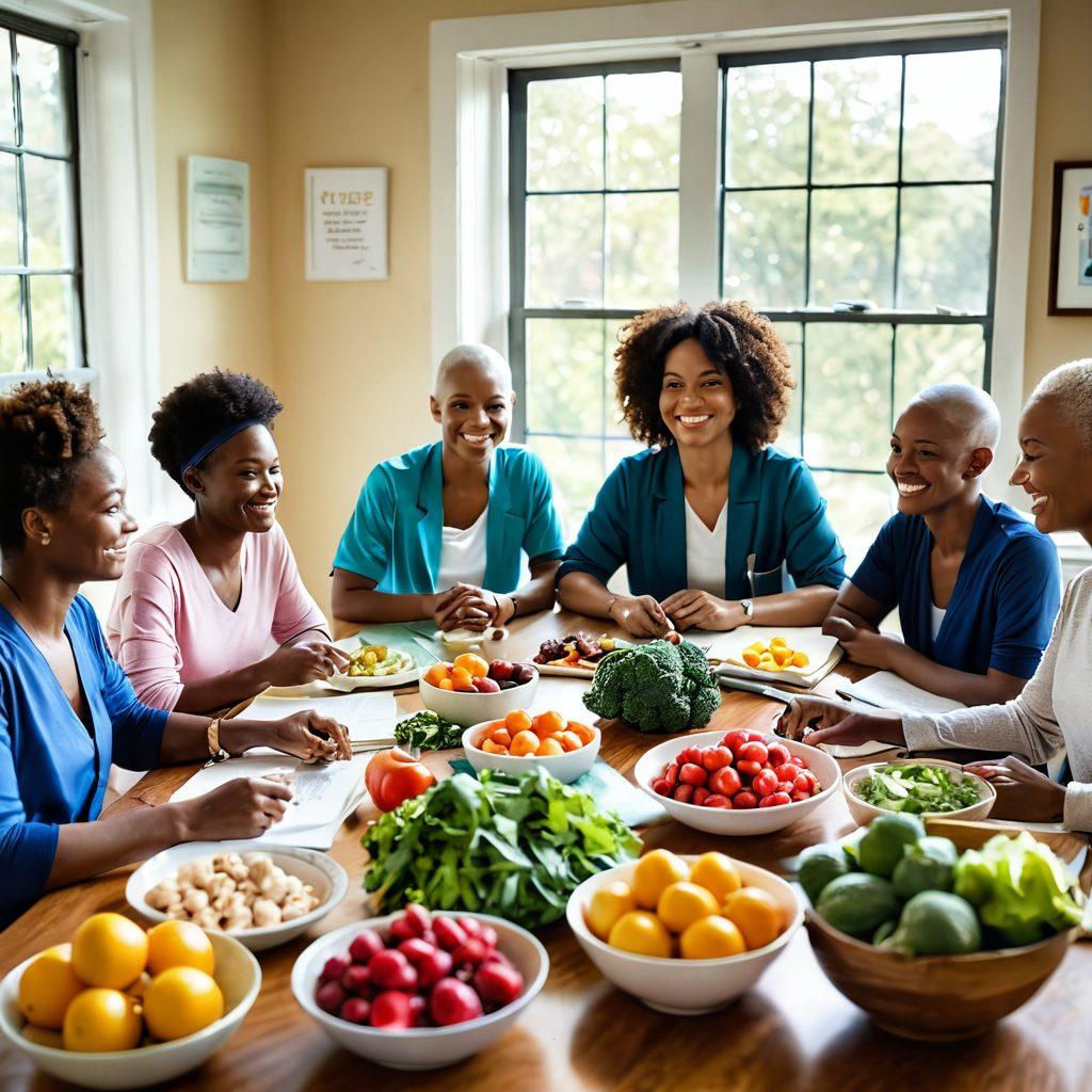 A diverse group of individuals, including a smiling cancer survivor, a compassionate healthcare professional, and a supportive family member, all gathered around a table filled with healthy foods, books on wellness, and research materials. In the background, bright sunlight streams through a window, symbolizing hope and empowerment. The scene conveys a sense of community, support, and optimism in the cancer journey. vibrant colors. soft lighting. super-realistic.